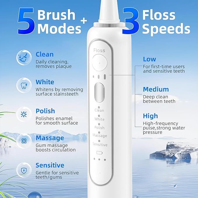 Alfelix Professional Flossing Electric Toothbrush with Water Flosser, Water Flossers for Teeth 2 in 1 Toothbrush and Water Flosser Combo, Sonic Electric Toothbrush Cordless Flossing Brush (White)