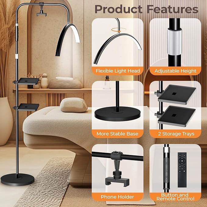 young master Half Moon Lash Light, 24W 1500LM Dimmable LED Floor Lamp with Adjustable Height for Lash Techs, Tattoo & Nail Artists, 4 Color Modes, Phone Holder & 2 Trays Included