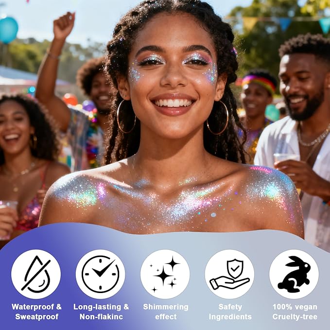 Roll-on Body Glitter Gel Holographic for Face and Hair,Body Glitter Gel Makeup for Kids Women,Body Shimmer Christmas Makeup for Rave Party.(Glint-Rainbow)