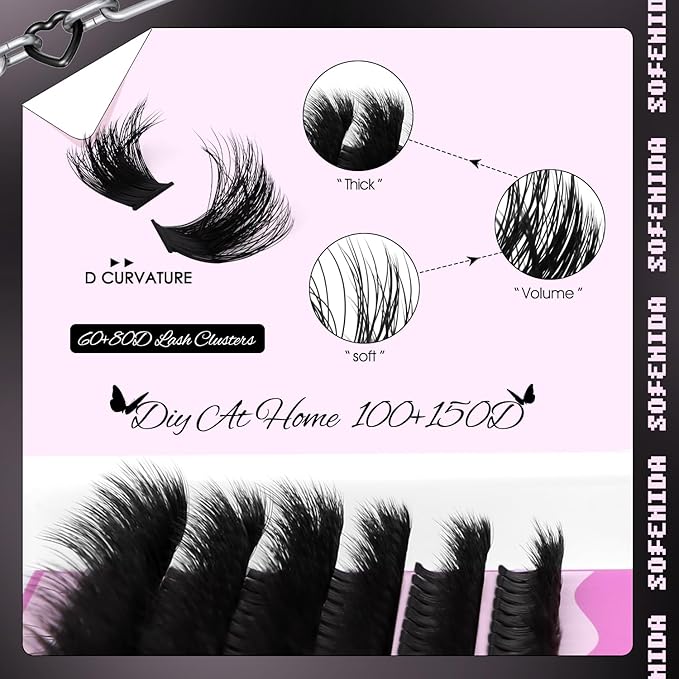 Lash Clusters Eyelash Clusters 100D+150D Thick Volume Cluster Eyelash Extensions D Curly Cluster Lashes 10-18mm Wispy Lash Clusters DIY Lash Extension (100D+150D-10-18MIX Lashes)