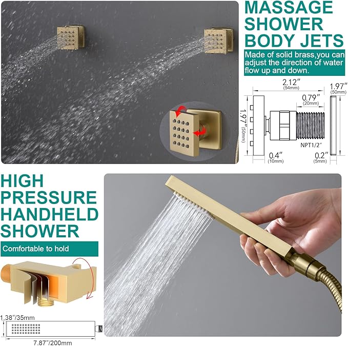 HOMEDEC 15.7x31.5" Rainfall and 6" Dual Shower Heads with Handheld Spray Combo, Full Body Shower System with 6pcs Body Jets, Brushed Gold