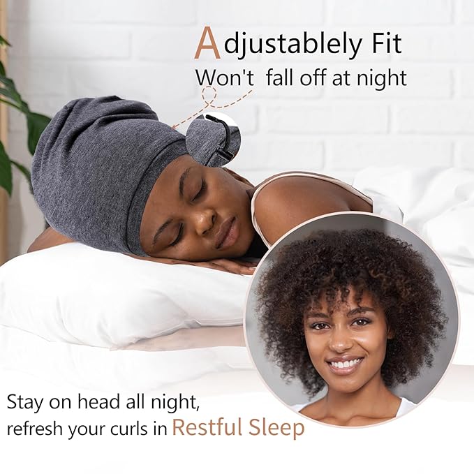 2 Pcs Adjustable Silk Satin Night Cap, Women's Men's Sleep Cap, Silk Lined Slouchy with Adjustable Strap, Curly Hair Head Scarf, Night Caps, Black+blue2