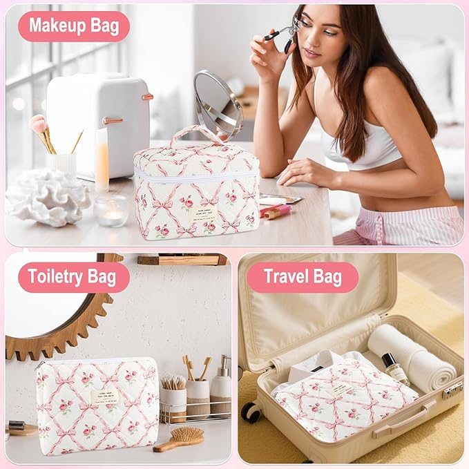 URSKYTOUS 2Pcs Cotton Quilted Makeup Bag for Women Girls Large Small Travel Floral Cosmetic Bags Set Cute Coquette Pink Makeup Pouch for Purse Aesthetic Cloth Flower Storage Toiletry Bag Organizer