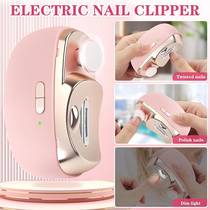 3-in-1 Electric Nail Clippers, Upgrade Electric Nail Clippers for Kids or Adults, Electric Polishing Nail Clipper with Collector, Excellent Electric Nail Trimmer Gift for Your Loves (Cute-Pink)