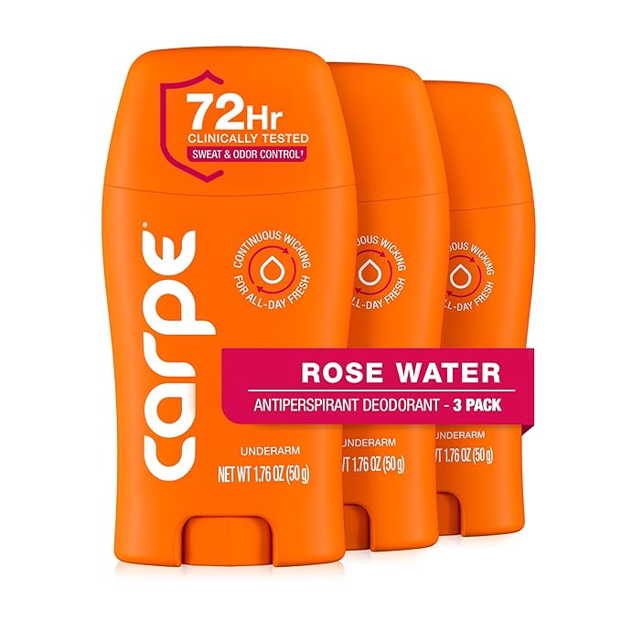Carpe Underarm Antiperspirant for Women - 72 Hour Sweat & Odor Control - Women's Sweat Control Antiperspirant Deodorant - Extra Strength - Rose Water - 3 Pack