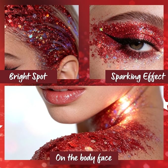 Red Body Glitter Gel, Singer Concerts Red Body Glitter for Face Body Hair, Chameleon Color Changing Glitter Gel for Rave Party Mermaid Sequins Festival Accessories Shimmer Makeup #8