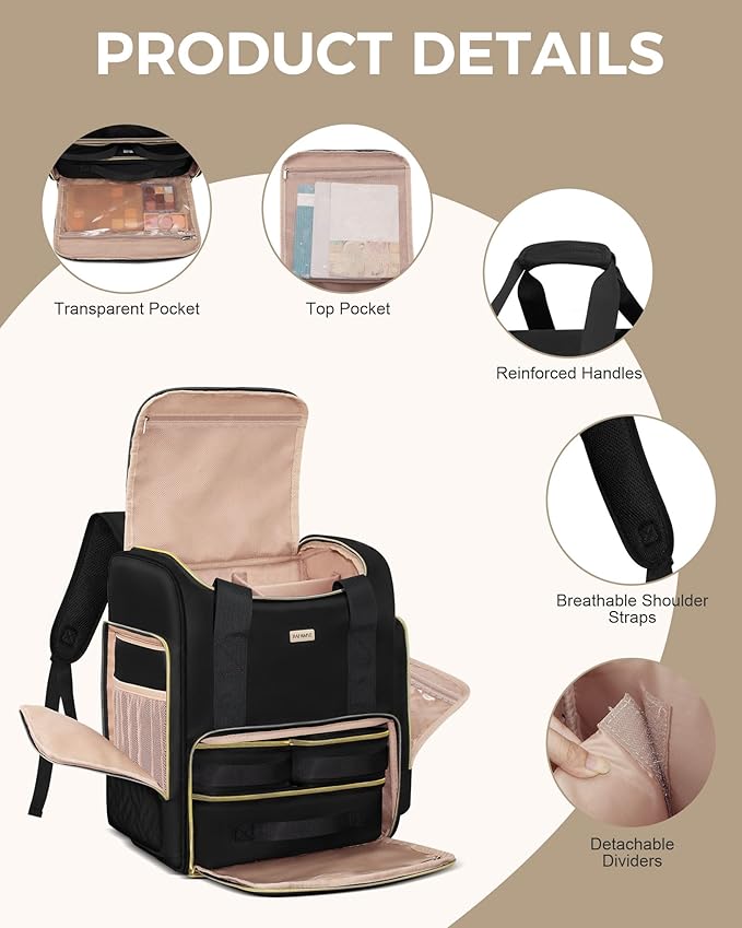 BAFAMYE Large Travel Makeup Bag with 2 Removable Case, Dual-Shoulder Multi-Functional Cosmetic Bag,Double Layer Big Capacity, Portable Toiletry and Skincare Storage Pouch Black