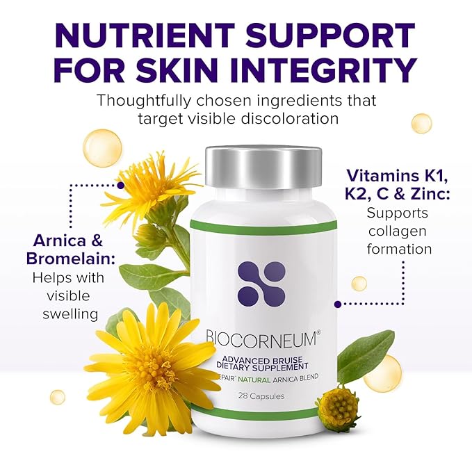 BIOCORNEUM Advanced Bruise Dietary Supplement – Internal Support for Visible Bruise Recovery – Professional-Grade Bruise Remedy with Arnica, Bromelain & Vitamins K1, K2, C & Zinc – 28 Capsules