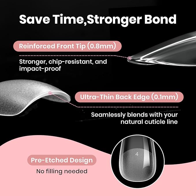 Beetles Gel Nail Tips Curve-EX - Almond Medium, 160pcs 16 Sizes, Etch-X Half Matte Full Cover Soft Acrylic False Press on Nail Tips Easy DIY Nail Extension Art Salon for Curved & Natural Nail Beds