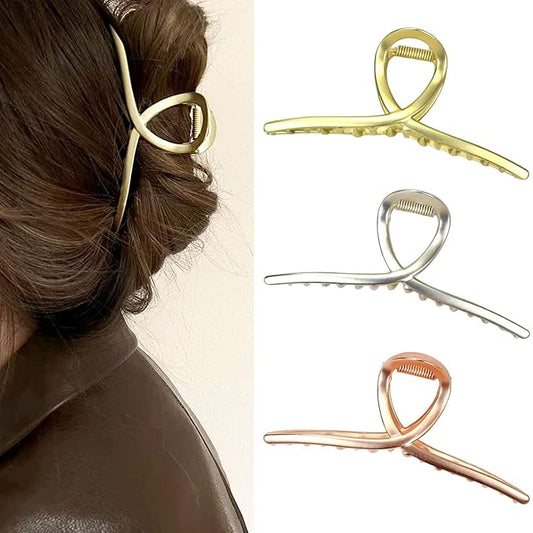 Hair Claw Big Shark Hair Barrette Clamps - Strong Hold Metal Barrettes for Women and Girls, Large Hair Accessories 3 Pcs (Matte Silver, Gold, Rose Gold)