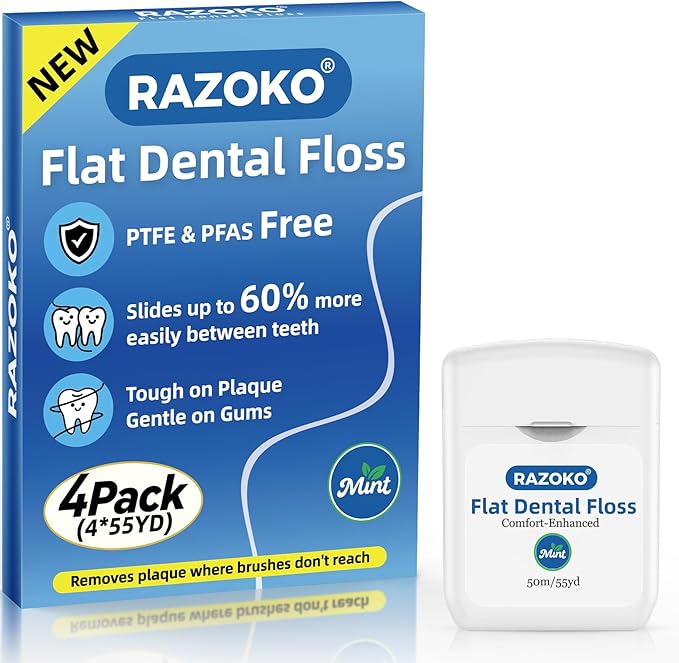 RAZOKO Flat Dental Floss, PFAS & PTFE Free, Shred Resistant, Kid-Friendly Gentle on Gums, Ultra-Smooth for Deep Cleaning, Mint, 4 Spools (225 Yd Total)