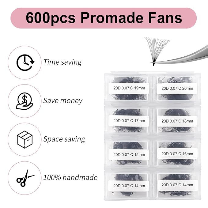 Volume Lash Extensions FADLASH 600pcs 20D Premade Fans Eyelash Extensions C Curl Pointy Base Pre Made Fans Lash Extension Mixed Tray Eyelash Extension Premade Fans (20D-0.07C-14-20mm)