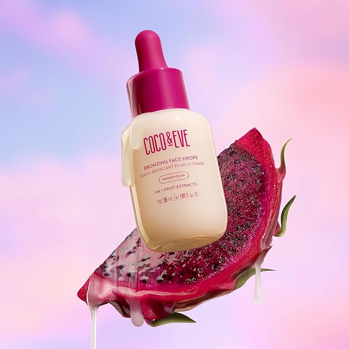 Coco & Eve Sunny Honey Bronzing Face Tanning Drops (Dark), Natural Self Tanning Face Drops. Hydrating Hyaluronic Acid. Indoor Sunless Moisturizing Self Tanner. (1 fl oz)