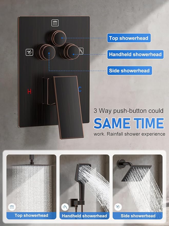 Shower Faucet Set, 10" Ceiling Mount Rainfall Shower System with 2 Rain Shower Head and Multi-function Handheld Head Push Button Diverter Shower Faucet Trim Kit