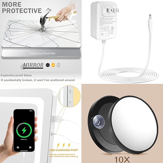 Makeup Vanity Mirror with Lights 20" L x 26" W Large LED Makeup Mirror, Light up Mirror with 10X Magnification and USB Charging Port, Dimmable 3 Modes, Touch Screen Control White