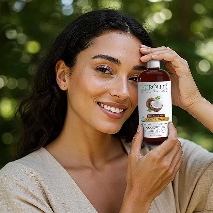 PUROLEO Organic Certified USDA Fractionated Coconut Oil 8 Fl Oz/236 ML (Packed in Canada) – 100% Natural & Odorless Moisturizer & Carrier Oil for Hair, Skin, Body, Massage, Makeup Removal