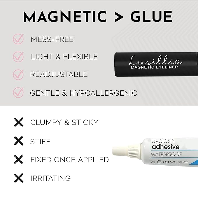 Luxillia Magnetic Eyelashes Kit – 10 Piece Magnetic Eyelash & Eyeliner Set with Applicator – Natural Look Easy Apply Reusable Fake Extension Lashes, No Glue – Pestañas Postizas Magnéticas Naturales