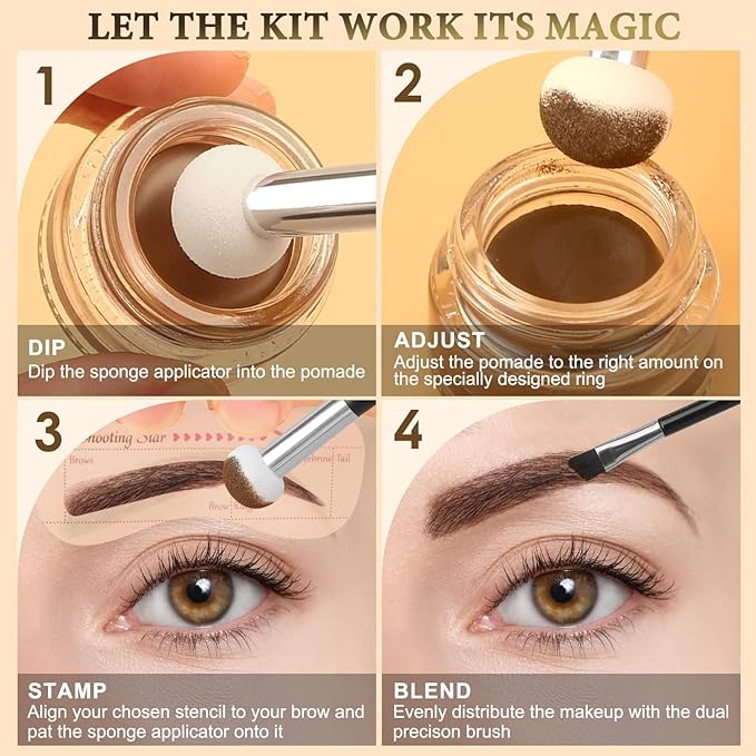 LAVONE Eyebrow Stamp Stencil Kit for Eyebrows, Brow Stamp Trio Kit with Waterproof Eyebrow Pencil, Eyebrow Pomade, 20 Eyebrow Stencils, Dual-ended Eyebrow Brush and Sponge Applicator - Black