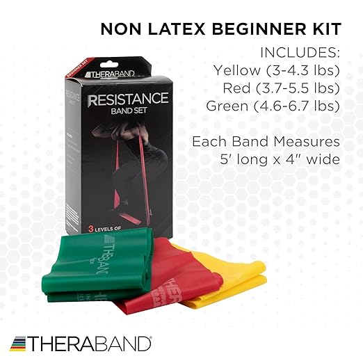 TheraBand Resistance Bands Set, Professional Non-Latex Elastic Band For Upper & Lower Body Exercise, Strength Training without Weights, Physical Therapy, Pilates, Rehab, Yellow & Red & Green, Beginner