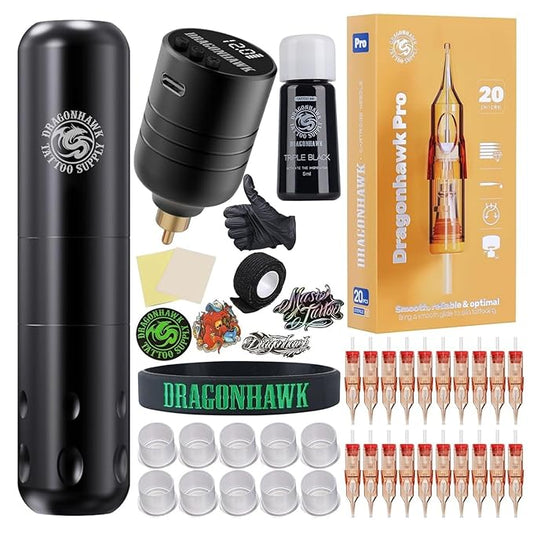 Dragonhawk Tattoo Kit S9 Tattoo Gun Machine Kit Complete Beginner Tattoo Kit Coreless Motor 20Pcs Pro Cartridges Needles