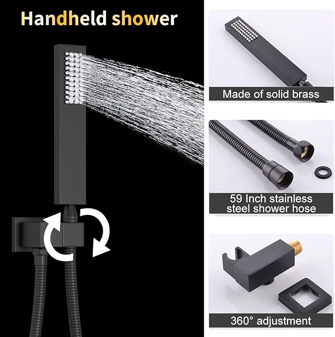 AYIVG Matte Black Multi Function Luxury Thermostatic Shower System 4 Functions Temperature Display Shower Set Rainfall Shower Head with Handheld Spray & 6PCS Body Spray Jets with ON/Shut off
