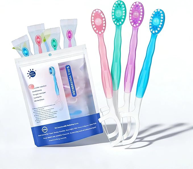Disposable Travel Toothbrushes with Toothpaste, Individually Wrapped Mini Single Use Toothbrushes, No Water Needed Toothbrushes with Tongue Scraper for Travel, Hotel, Camping (4Packs)