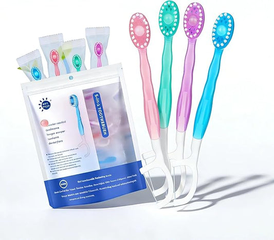 Disposable Travel Toothbrushes with Toothpaste, Individually Wrapped Mini Single Use Toothbrushes, No Water Needed Toothbrushes with Tongue Scraper for Travel, Hotel, Camping (4Packs)