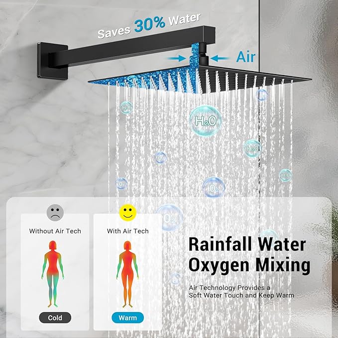 IUERASD Rain Shower Faucet Set Wall Mounted Rainfall with Tub Spout Shower Head System Rough-in Valve Body and Trim Included Black (10 Inches)