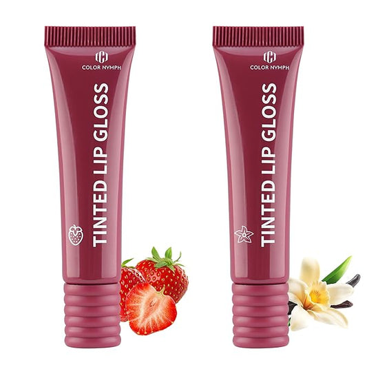 Color Nymph Tinted Lip Gloss Duo, Nourishing Lip Balm Set with Shea Butter & Vitamin E, Non-Sticky Intense Hydrating Lipgloss for Dry Lips, Sheer Tint | Vegan & Cruelty-free, #01 Strawberry & Vanilla
