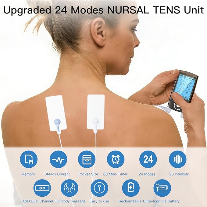 MegaWise 48 Modes（24 * 2） Dual Channel EMS TENS Unit Muscle Stimulator with 14Pcs Reusable Electrode Pads. Rechargeable Continuous Mode Electronic Pulse Massager with Storage Pouch/Pads Holder