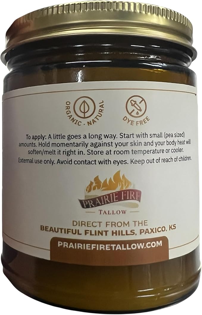 Prairie Fire Candles Grass Fed Beef Tallow Balm - 8 oz - Made in USA - Organic Grass Fed and Finished - Moisturizing Skin Care Tea Tree