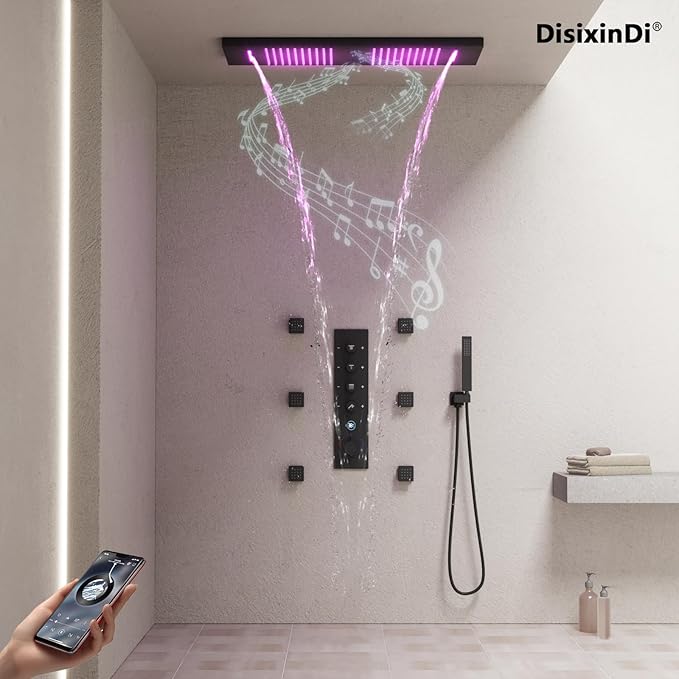 35.5X12 Inch Ceiling LED Music Dual Rain Shower Head Fit 2 Person Bathroom, Smart Large Luxury Thermostatic Rainfall Shower System Fixtures Set (Matte Black, Shower System With Body Jets)