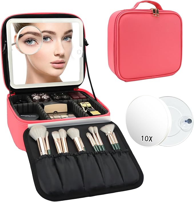 SLUMAZI Travel Makeup Bag with LED Mirror and 10x magnifying glass with 3 Lighted Settings, Adjustable Dividers and Makeup Brush Storage Bag Light Red