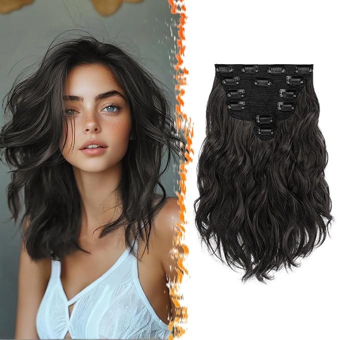 BARSDAR Wavy Black Brown Clip in Hair Extensions - Black Brown Wavy Clip in Hair Extensions for Women - 12 Inch 6 PCS Easy Wear Thick Soft Synthetic Natural Looking Hairpieces Daily Party Halloween