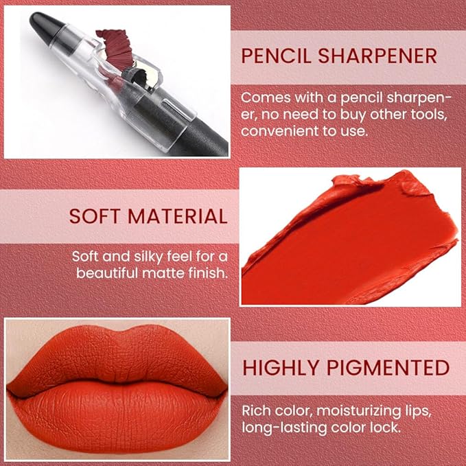 Charm Orange Crayon Matte Lipstick Lip Liner Pencil, Moisture Smooth Lipstick Pencil, With pencil sharpener Sharpenable Lip Pencil, Ultimate Lip Crayon for Women Smudgeproof Waterproof 05#