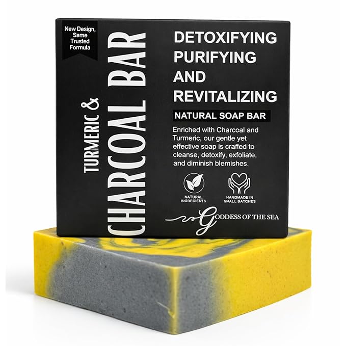 Turmeric Charcoal Bar – Natural Face & Body Soap for Acne, Dark Spots & Detox | Even Skin Tone | Deep Cleansing | Handmade, Organic, Vegan with Activated Charcoal & Turmeric (1)
