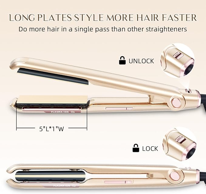 RUCHA 1 Inch Flat Iron Hair Straightener, 30S Fast Heating Ceramic Hair Straighteners for Women, Plasma Ions Hair Straightener and Curler Get Frizz-Free, Mini Hair Straighteners for Travel, Gold
