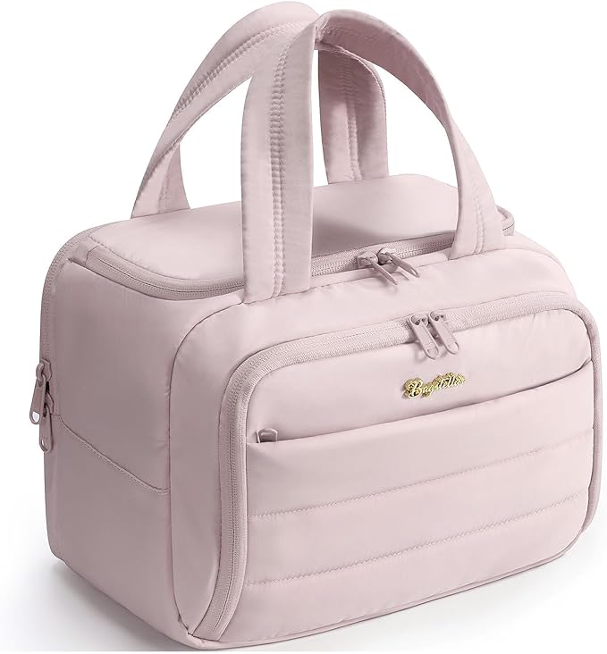 Bagstellar Travel Toiletry Bag, Lightweight Wide-open Large Puffy Toiletry Bag for Women, Quilted Makeup Bag Organizer Water-resistant Cosmetic Bag with Handle for Toiletries, Essentials, Accessories