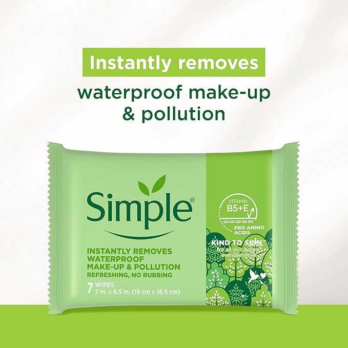Simple Kind To Skin Cleansing Makeup Remover Wipes - Vegan Facial Cleanser Wipes with Vitamin B5 and E - Removes Waterproof Makeup - 6 pc