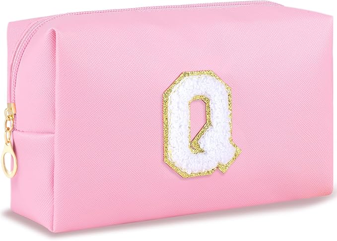 URSKYTOUS Initial Makeup Bag Personalized Preppy Travel Small Cosmetic Bag Cute PU Pink Chenille Letter Makeup Pouch for Purse Waterproof Zippered Toiletry Organizer for Women Girls Kids Friends (Q)