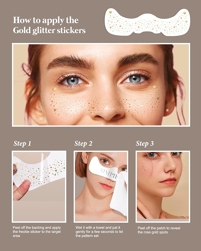 Glitter Freckles, Body Face Glitter for Women Girls, Waterproof Glow Up Singer Concerts Festival Rave Accessories (Gold - Hearted)