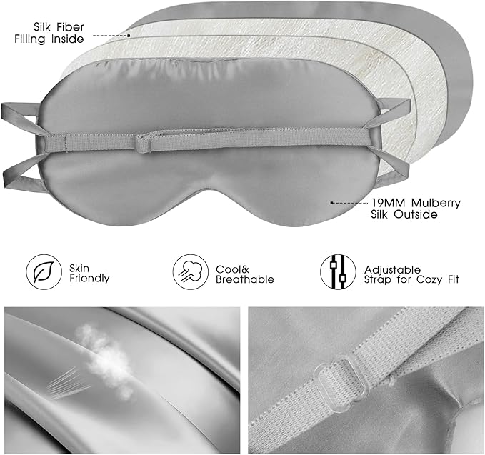 SILKTALE Adjustable Silk Eye Mask for Side Sleep/Travel/Plane Large Mulberry Silk Night Mask for Sleeping for Men/Women/Adults/Teens/Big Head,Silver Gray