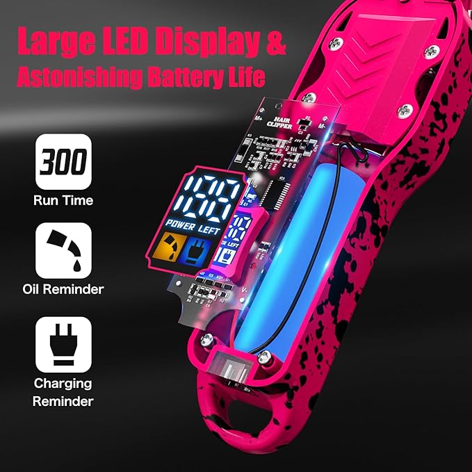 Professional Hair Clippers for Men, Cordless Barber kit for Hair Cutting & Grooming, Hair Clippers and Trimmer Set for Barber Haircut with LED Display, 8 Fade Taper Combs(Pink Set)