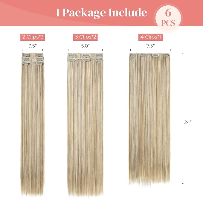 Clip in hair extensions，LONAI 6PCS Straight 24" Hair Extensions for Women，Heat Resistant Synthetic Hairpiece-Light Blonde with White Blonde Highlights