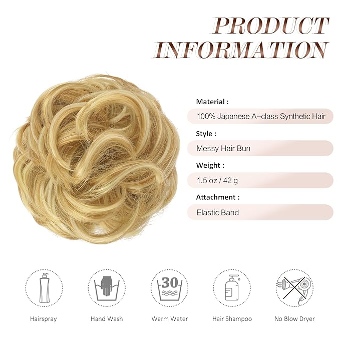 FESHFEN Messy Bun Hair Piece - Wavy Synthetic Chignon Scrunchies for Instant Volume, Elastic Bun Ponytail Hair Extensions Thick Hairpieces for Women, Strawberry Blonde & Bleach Blonde 1.50 oz