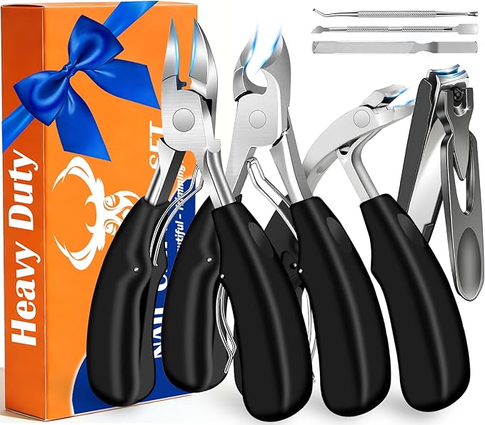 Heavy Duty Toenail Clippers for Thick Nails, 7-in-1 Pedicure Kit with Catcher for Seniors & Men, Professional Wide Jaw Ingrown Toe Nail Clipper Set, Podiatrist Tool