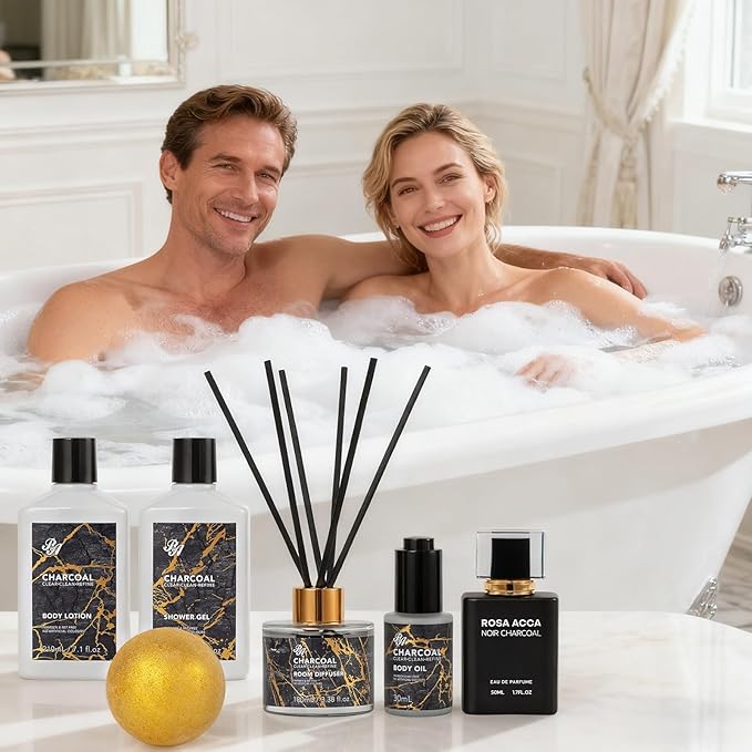 35 Pcs Valentines Day Gifts for Women & Men, Charcoal Bath & Body Gift Basket, Face Skin Care Kit, Self-Care Gift, Diffuser, Shower Gel, Massage Oil, Bath Bomb, Birthday, Christmas, Mother, Husband