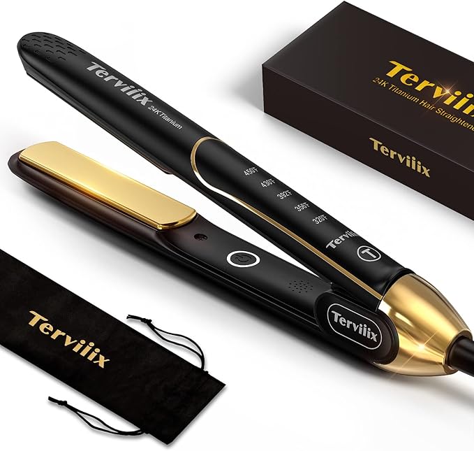 Terviiix 100% Titanium Flat Iron, 24K Salon Professional Hair Straightener and Curler 2 in 1, Non-Snagging Straightening Iron for One Swipe, 15s Ultra Fast Heating, Dual Voltage, Auto Shut Off, 1''