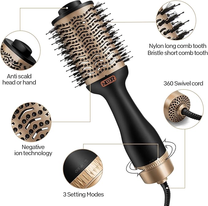 Noor 4-in-1 Hot Hair Dryer Brush Frizz Control Blowout Styling Brush for Drying Straightening and Volumizing All Hairstyles Frizz-Free Smooth Salon Look in One Easy Step