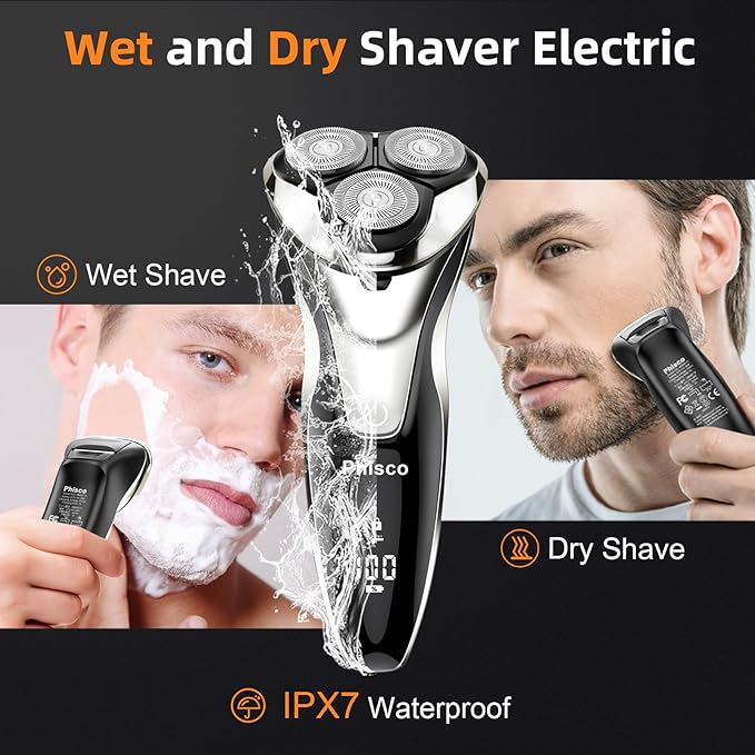 Electric Razor for Men - Phisco Electric Shavers for Man Face, USB Rechargeable, Waterproof Wet Dry Razors with Pop-Up Trimmer, LED Display, Travel Lock